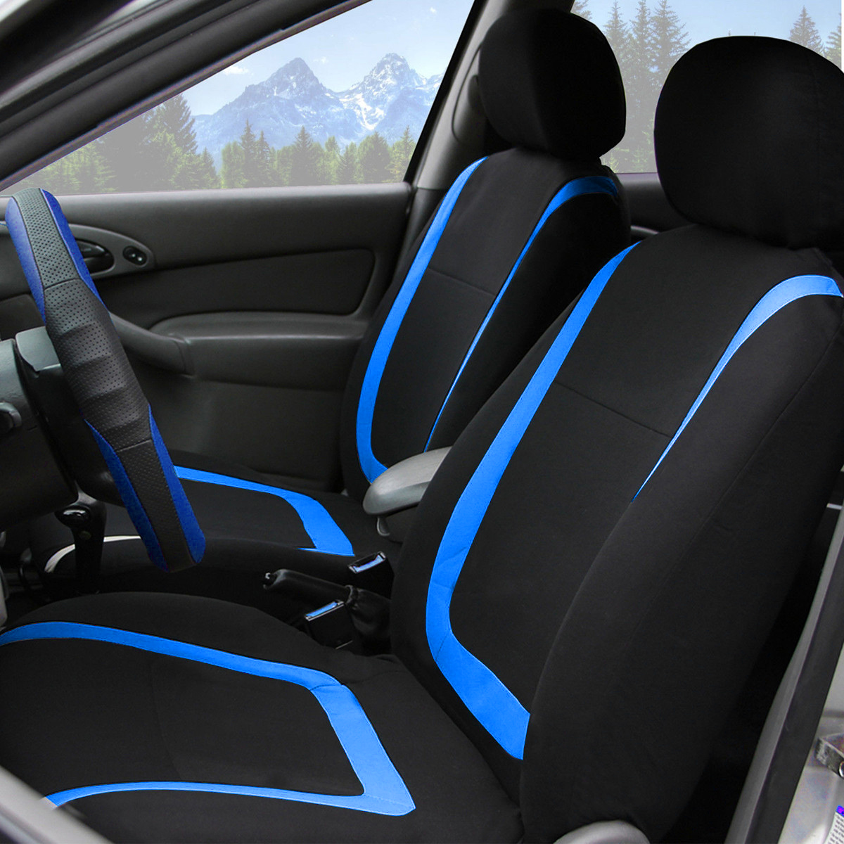 Universal-Car-Seat-Covers-Polyester-For-Auto-Truck-Van-SUV-5-Heads-Blue--Black-1689106