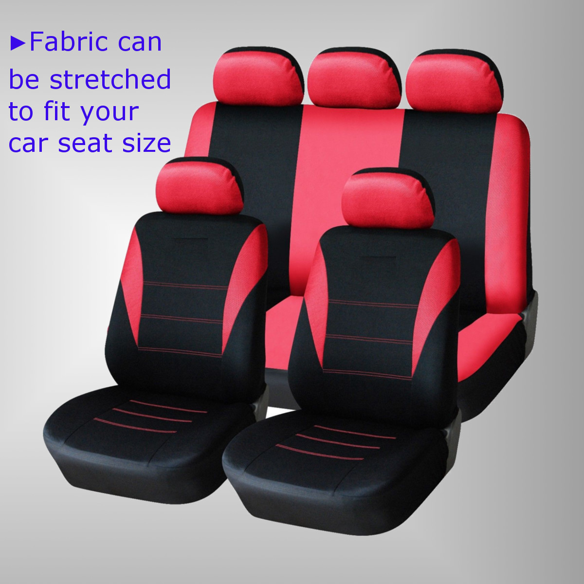 Universal-Four-Seasons-Red-Black-Fabric-Car-Seat-Covers-Protectors-9pc-Full-Set-Airbag-Compatible-1266714