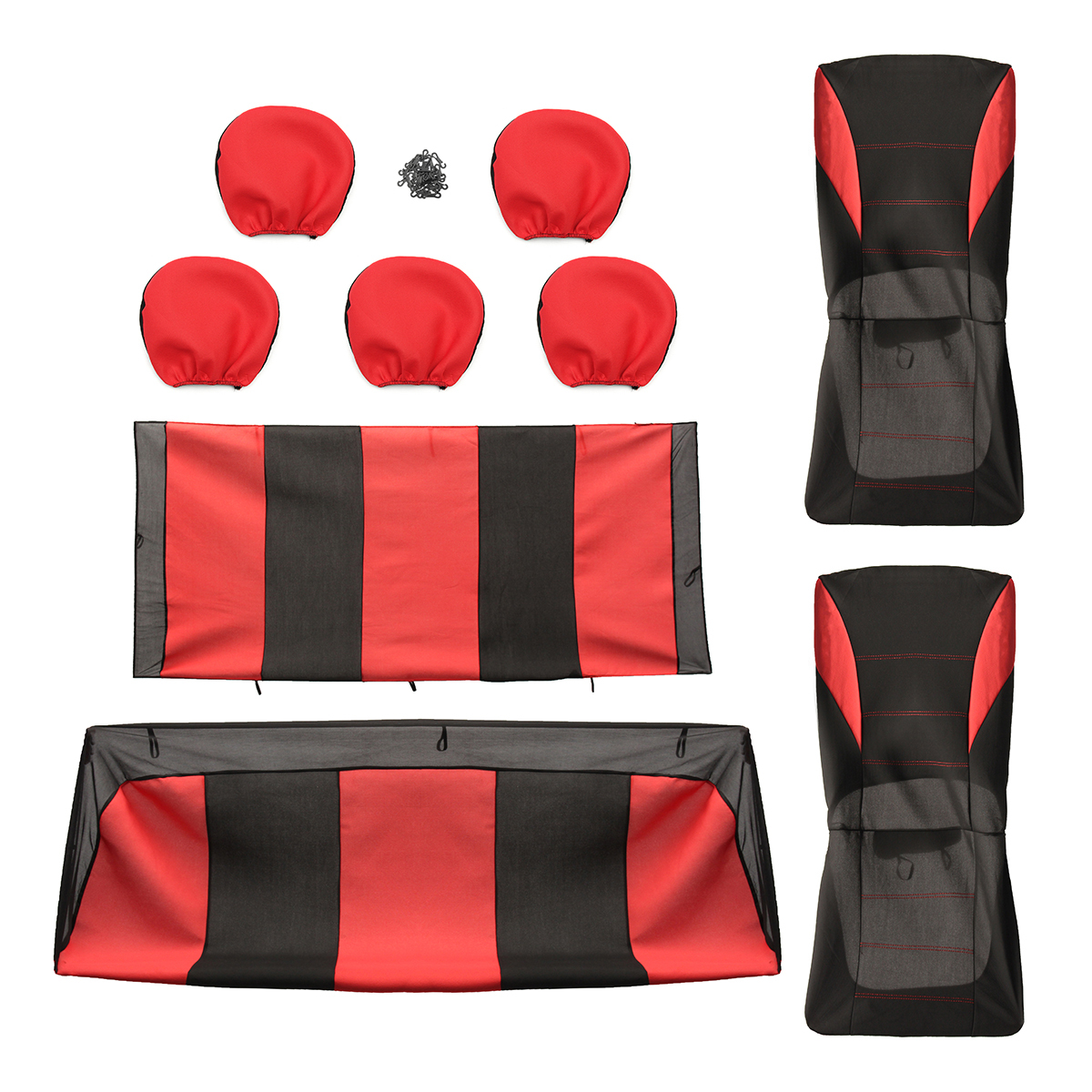 Universal-Four-Seasons-Red-Black-Fabric-Car-Seat-Covers-Protectors-9pc-Full-Set-Airbag-Compatible-1266714