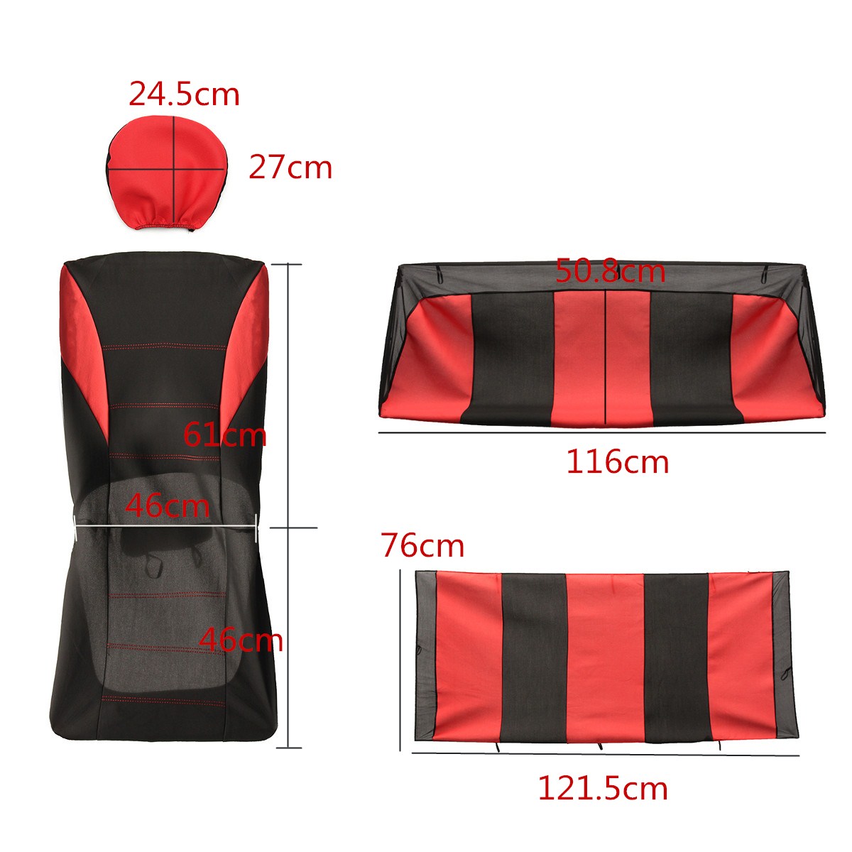 Universal-Four-Seasons-Red-Black-Fabric-Car-Seat-Covers-Protectors-9pc-Full-Set-Airbag-Compatible-1266714