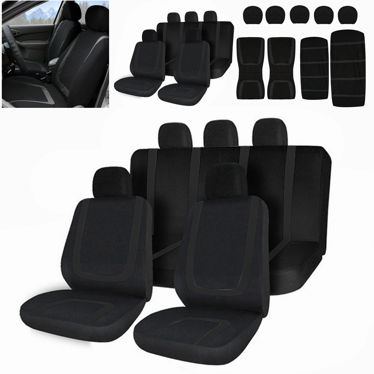 Universal-Full-Set-Car-Seat-Covers-Front-Rear-Polyester-5-Heads-Auto-Black-1689102