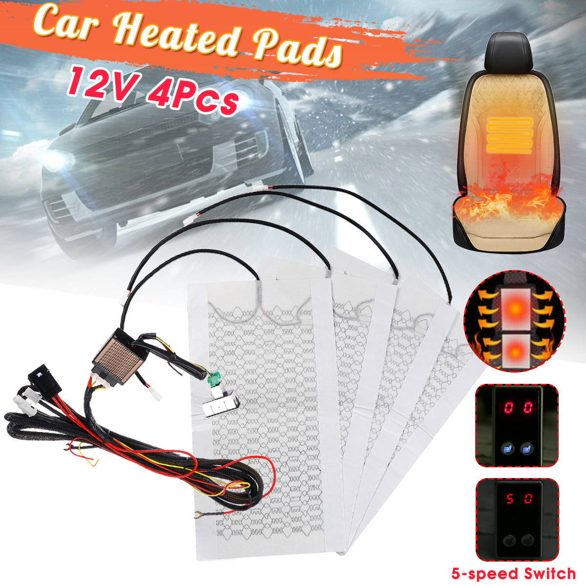 12V-2-Seats-Universal-Heated-Seat-Heater-Kit-Carbon-Fiber-Boat-Auto-With-Round-HighLow-Switch-1599176