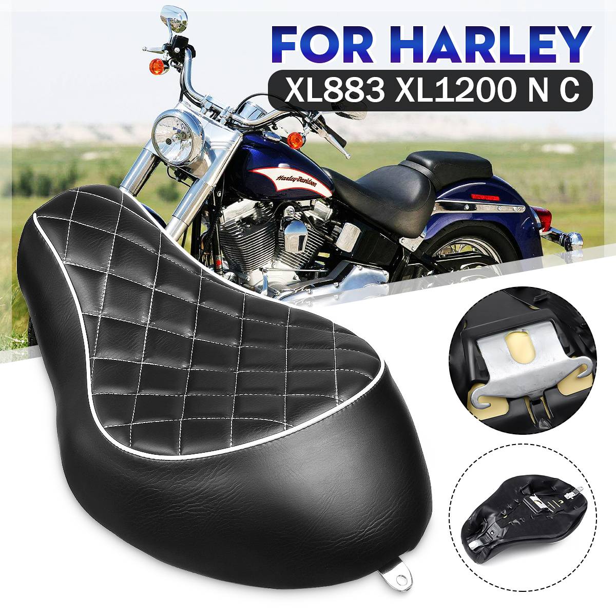 Driver-Passenger-Two-Up-Seat-Cushion-PU-Leather-For-Harley-XL883-XL1200-Black-1566104