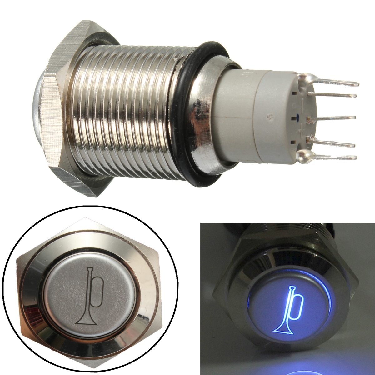12V-16mm-Waterproof-Momentary-Horn-Metal-Push-Button-Switch-Blue-LED-Lighted-978067