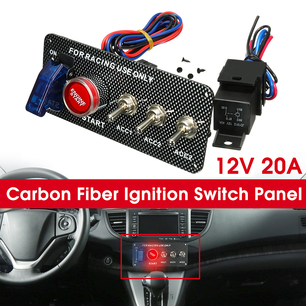 12V-20A-LED-Toggle-Ignition-Switch-Panel-Engine-Start-Push-Button-Carbon-Fiber-Style-Plate-for-Racin-1577396