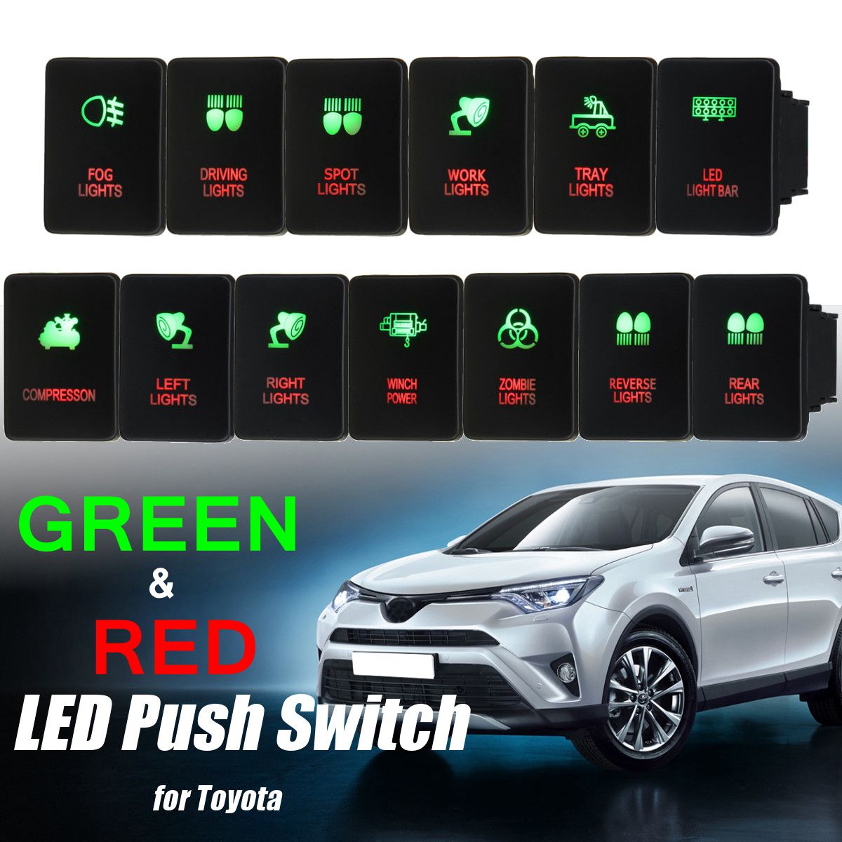 12V-Car-LED-Push-Switch-On-Off-With-Connector-Wires-GreenRed-Lighting-For-Toyota-Prado-RV4-Hilux-Lan-1674371