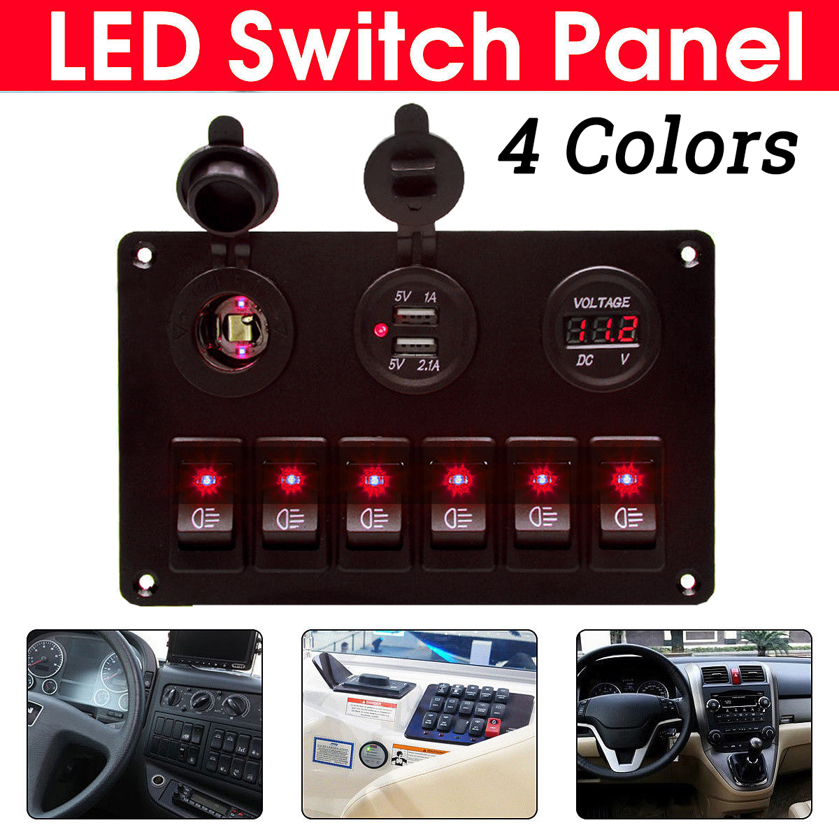 6-Gang-ON-OFF-Toggle-Rocker-Switch-Panel-with-Dual-USB-Charger-Port-Lighter-LED-Voltmeter-12-24V-for-1468943