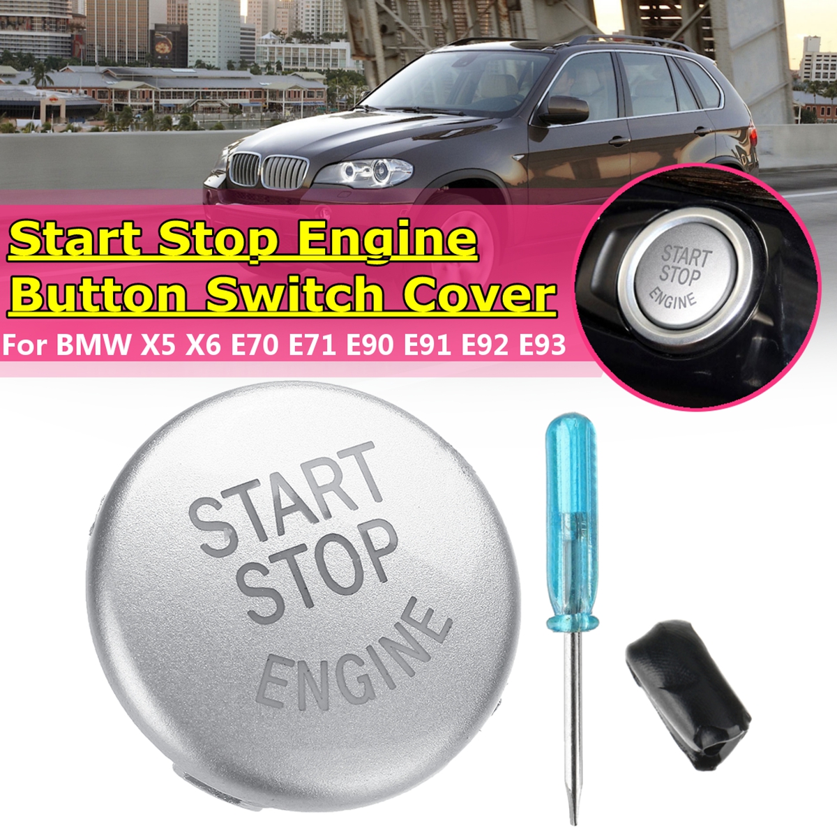 Silver-Start-Stop-Engine-Button-Switch-Cover-For-BMW-X5-X6-E70-E71-E90-E91-E92-E93-1632605