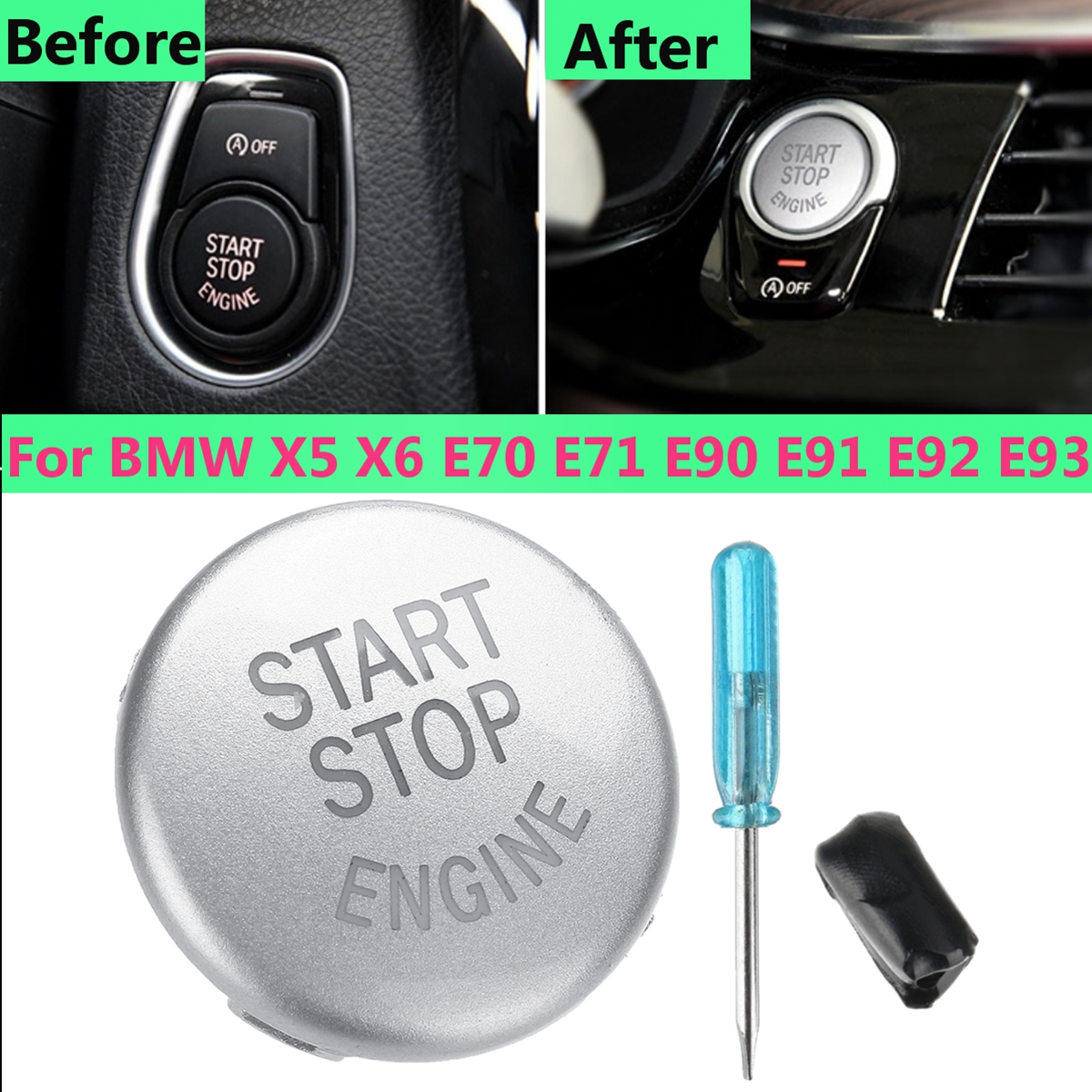 Silver-Start-Stop-Engine-Button-Switch-Cover-For-BMW-X5-X6-E70-E71-E90-E91-E92-E93-1632605