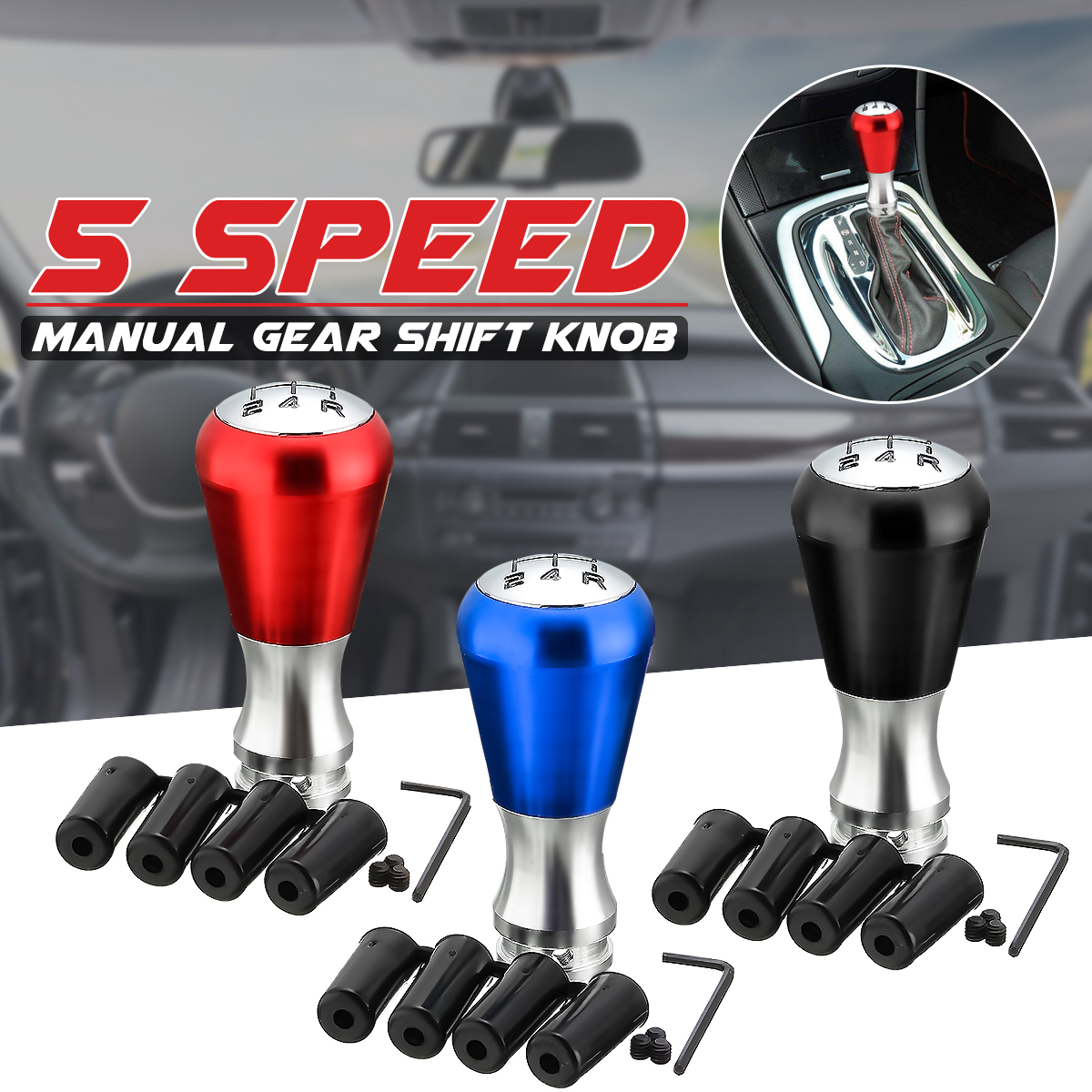 5-Speed-Manual-Gear-Shift-Knob-Aluminum-Alloy-BlackBlueRed-with-Adapter-For-Peugeot-405-307-206-1118597