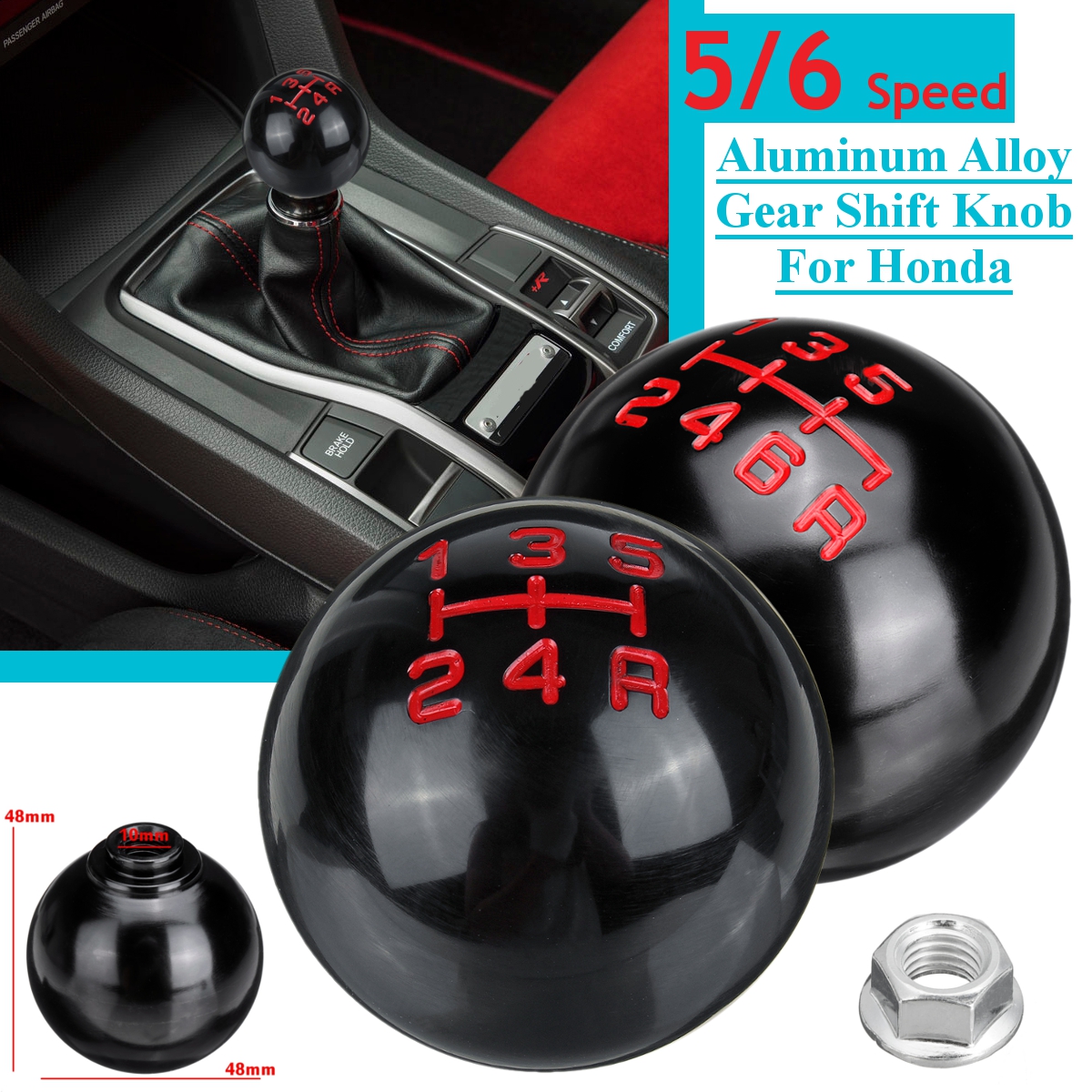 56-Speed-Alloy-Gray-Gear-Shift-Knob-Round-Ball-Shape-For-Honda-M10x15-Thread-1771296