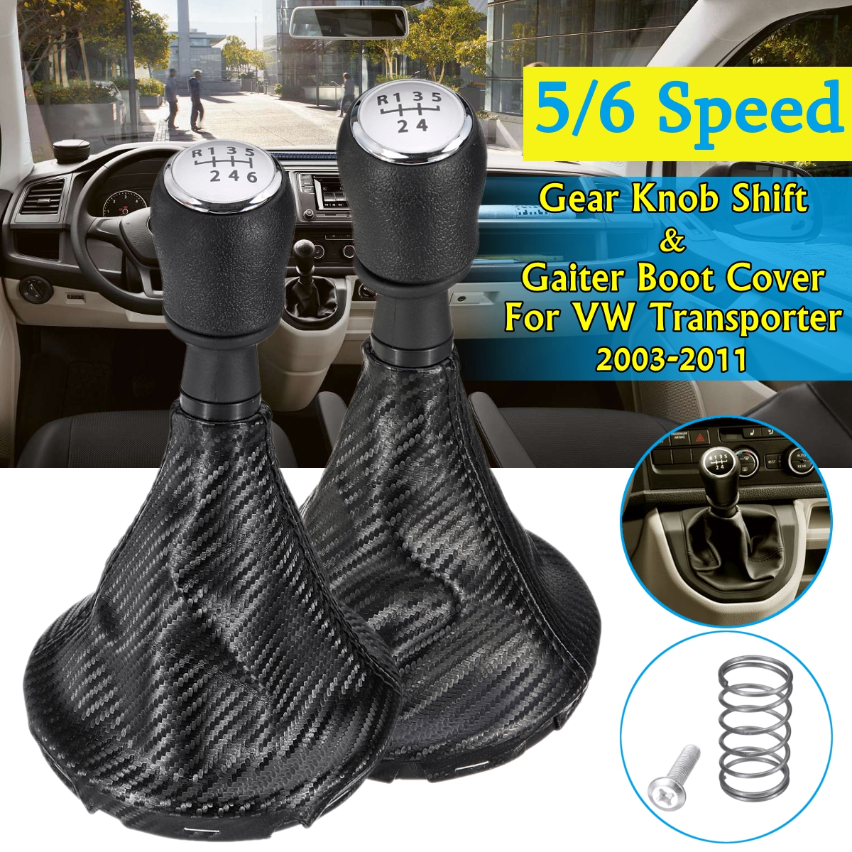 56-Speed-Gear-Shift-Knob-with-Carbon-Fiber-Leather-Gaiter-Boot-Cover-For-VW-Transporter-1716079