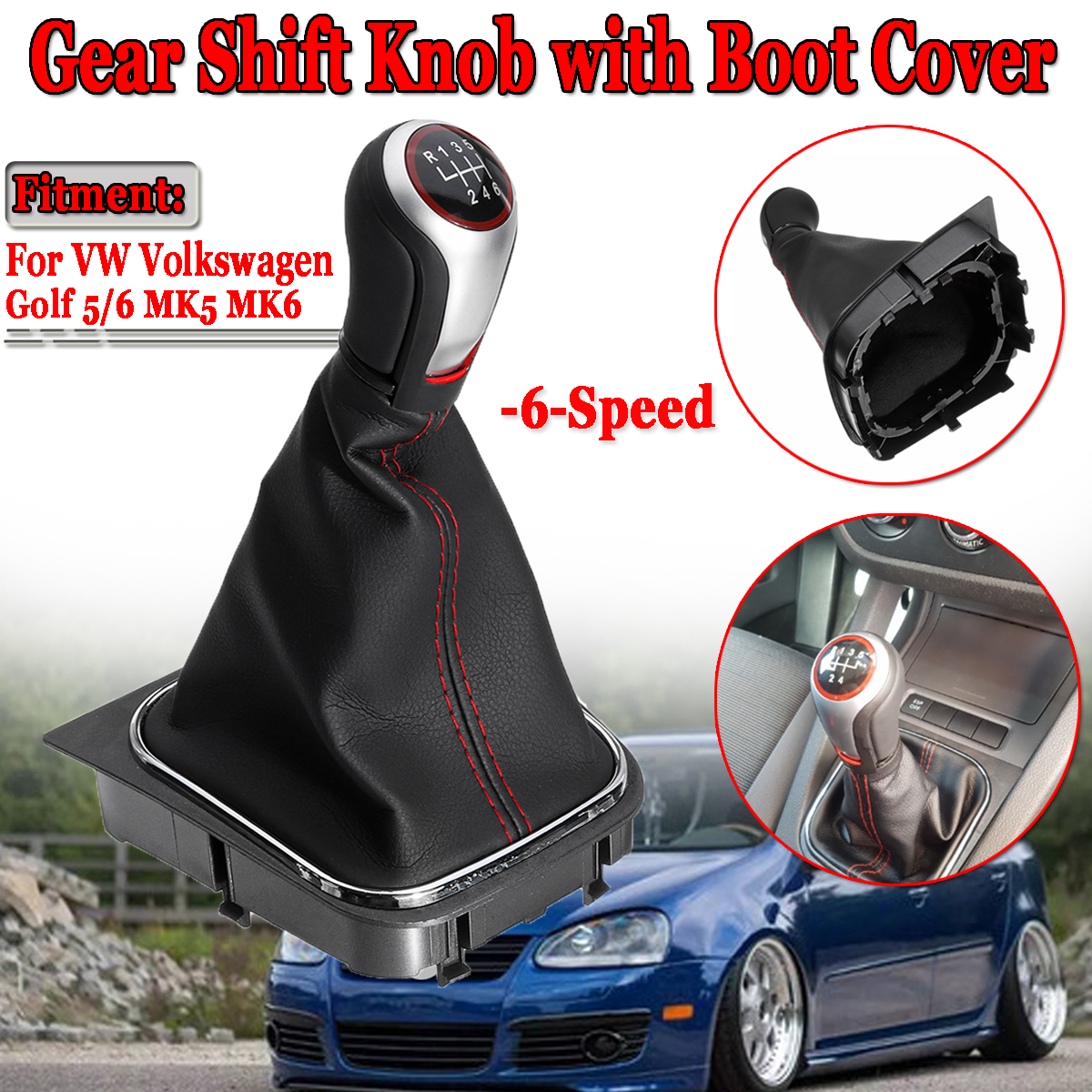 6-Speed-Gear-Shift-Knob--Leather-Boot-Cover-For-Volkswagen-VW-Golf-5-6-MK5-MK6-1768535
