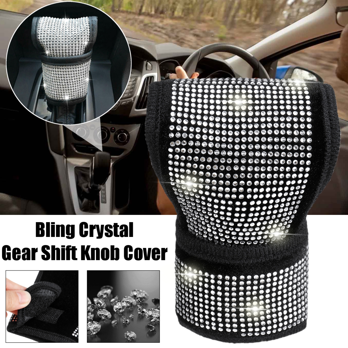 Car-Gear-Shift-Knob-Stick-Cover-Bling-Crystal-Rhinestones-PU-Leather-Universal-1716057