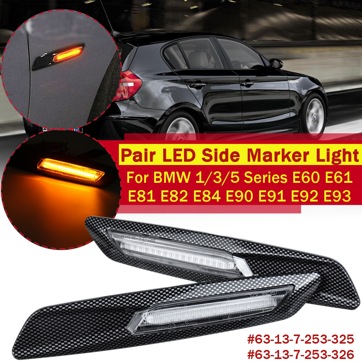 1-Pair-Amber-LED-Side-Marker-Light-Turn-Signal-Carbon-BlackClear-For-BMW-E60-E61-E90-E91-E81-E82-E87-1811928