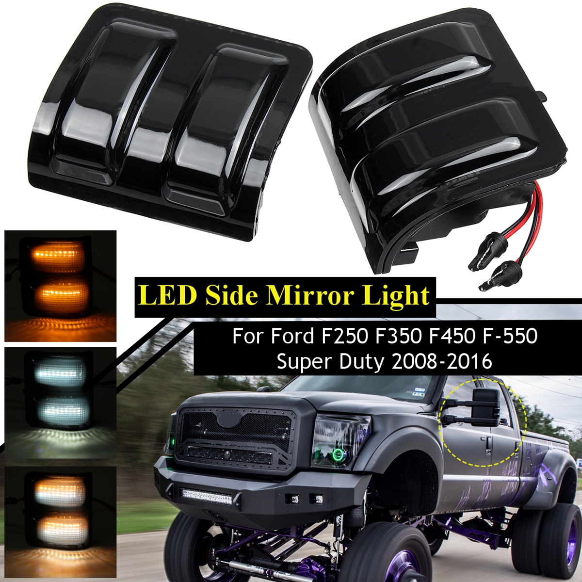Smoke-Black-LED-Side-Mirror-Marker-Lights-WhiteYellow-Pair-For-Ford-F250-F350-F450-F-550-Super-Duty--1557349