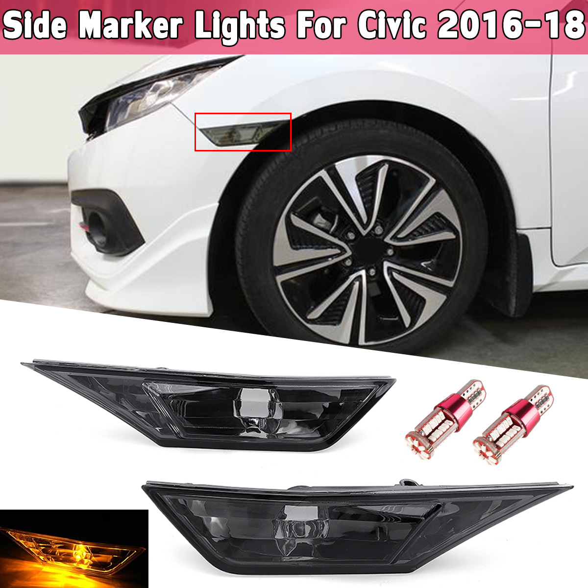 Smoked-Black-Side-Marker-Signal-Lights-Lamp-with-T10-LED-Bulbs-For-Honda-Civic-2016-2018-1546859