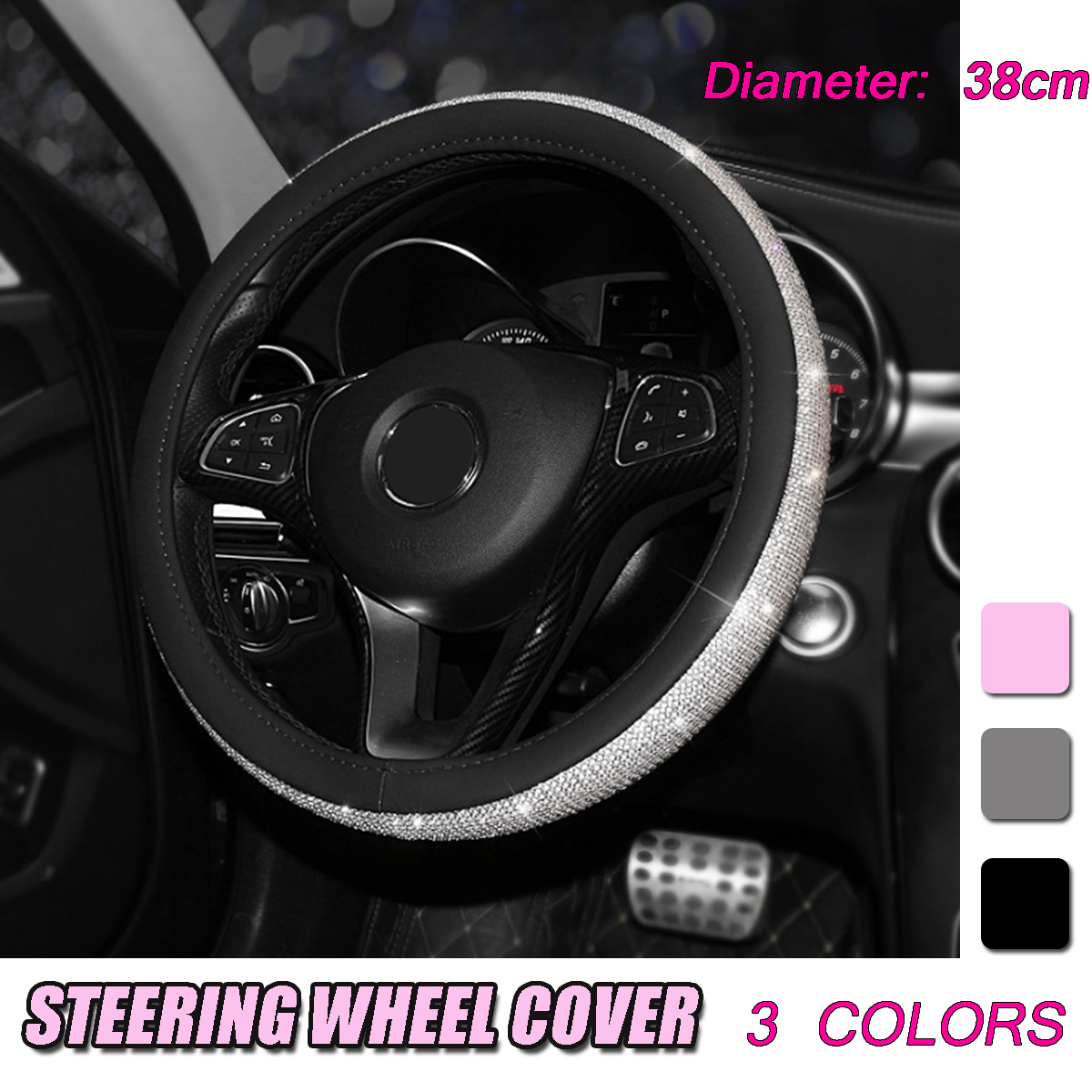 15quot-38cm-PU-Leather-Car-Truck-Steering-Wheel-Cover-Crystal-Bling-Rhinestone-1749305