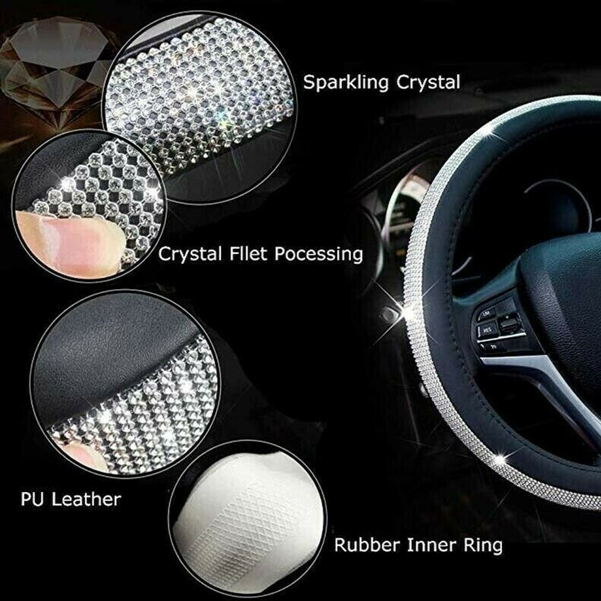 15quot-38cm-PU-Leather-Car-Truck-Steering-Wheel-Cover-Crystal-Bling-Rhinestone-1749305