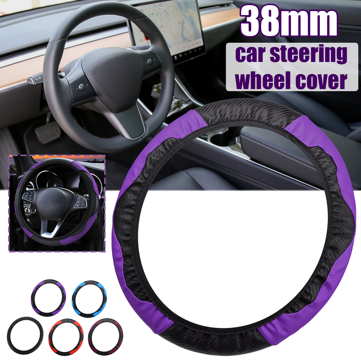 38CM-Car-Carbon-Fiber-Leather-Steering-Wheel-Cover-15quot-Auto-Anti-slip-Universal-1796537