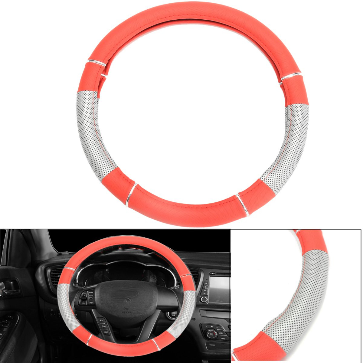 Universal-PVC-Leather-Car-Auto-Truck-Steering-Wheel-Covers-37-39-CM-Red-Silver-1575654