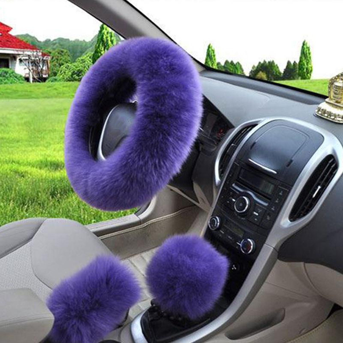 Winter-Furry-Car-Steering-Wheel--Gear-Knob-Shifter-Parking-Brake-Covers-Set-3Pcs-1655631