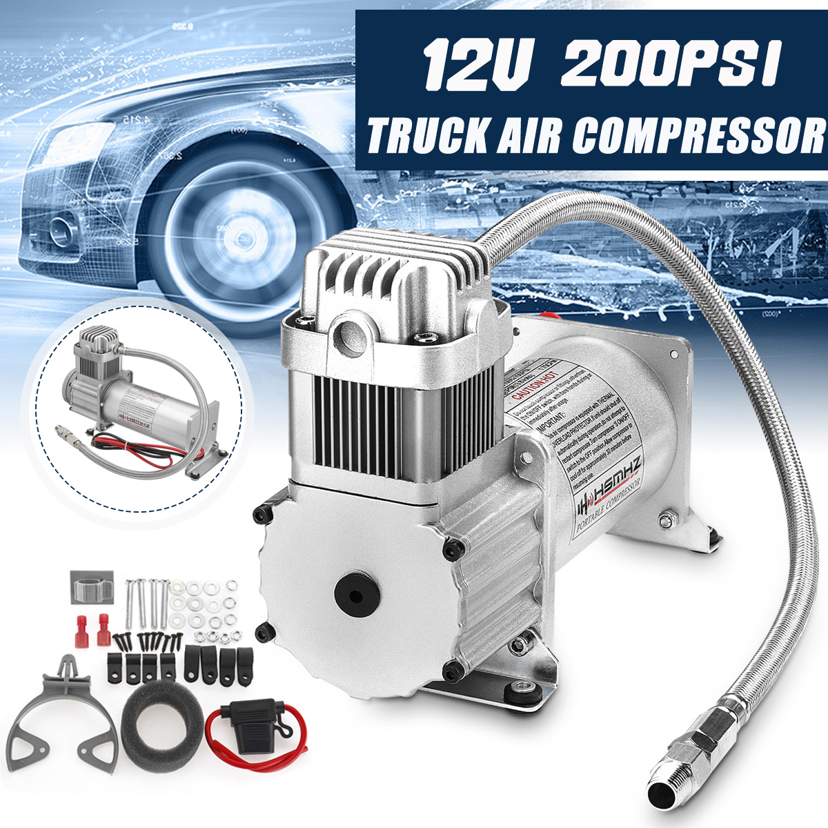 12V-200-PSI-Silver-Air-Compressor-14-Hose-Set-With-Relays-Switch-For-Car-Truck-Train-Honrs-Suspensio-1599606