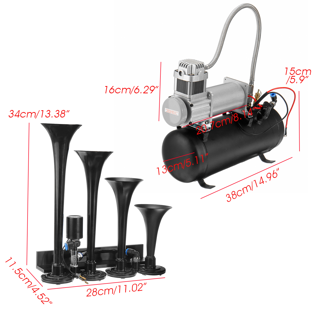 15-Gallon-4-Trumpet-Air-Horn-Tank-Compressor-Gauge-System-Set-Train-Truck-Boat-1550666