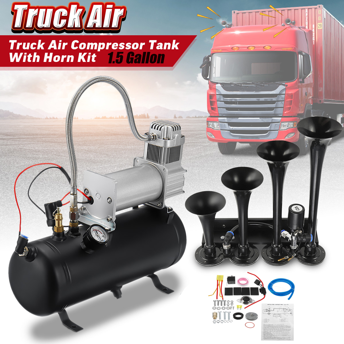15-Gallon-4-Trumpet-Air-Horn-Tank-Compressor-Gauge-System-Set-Train-Truck-Boat-1550666