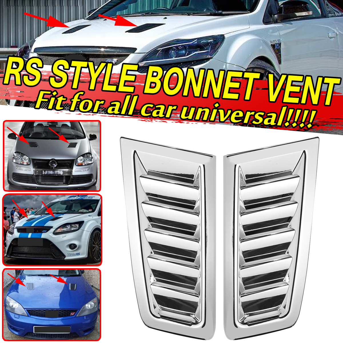 2Pcs-Universal-Car-ABS-Plastic-RS-Style-Bonnet-Vents-Chrome-Silver-With-Free-Tape-1659524