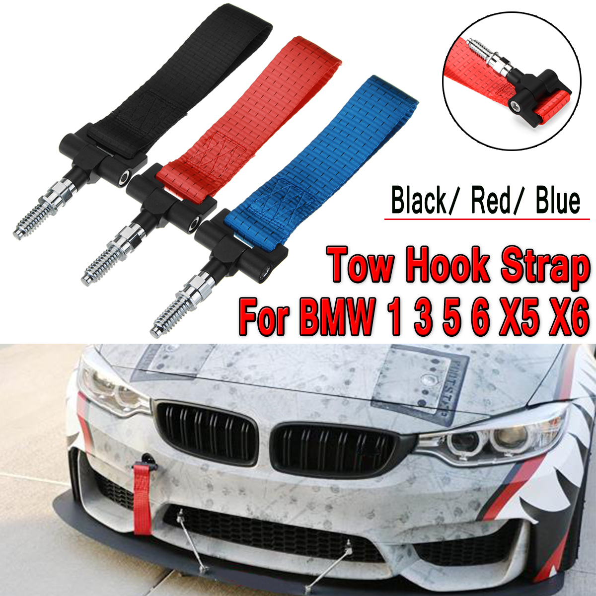 Nylon-Track-Racing-Style-Tow-Hook-Strap-Car-Hook-for-BMW-1-3-5-6-X5-X6-Red-Blue-Black-1302610