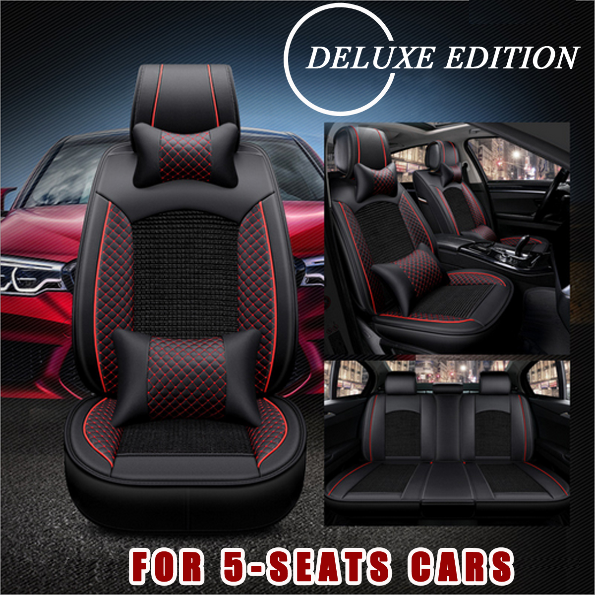 Universal-Auto-Car-Covers-Black-Red-5-Seat-Front--Rear-Head-Rests-Full-Set-Protector-1679632
