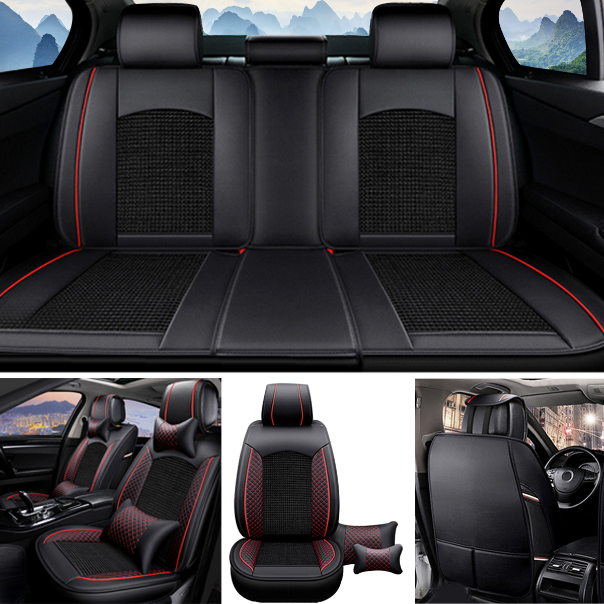 Universal-Auto-Car-Covers-Black-Red-5-Seat-Front--Rear-Head-Rests-Full-Set-Protector-1679632
