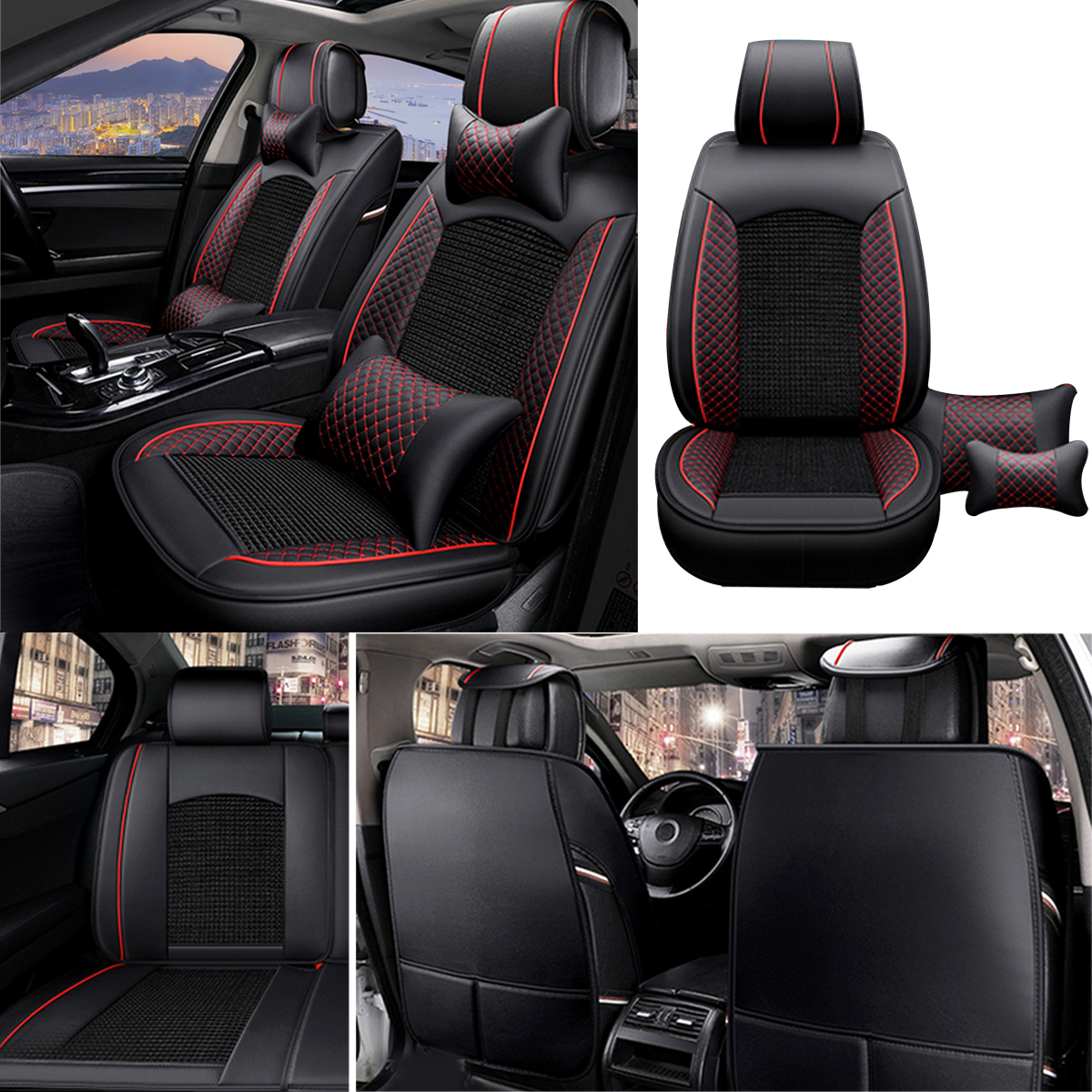 Universal-Auto-Car-Covers-Black-Red-5-Seat-Front--Rear-Head-Rests-Full-Set-Protector-1679632