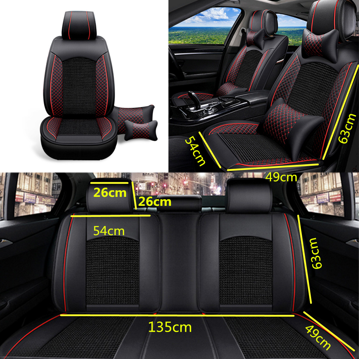 Universal-Auto-Car-Covers-Black-Red-5-Seat-Front--Rear-Head-Rests-Full-Set-Protector-1679632