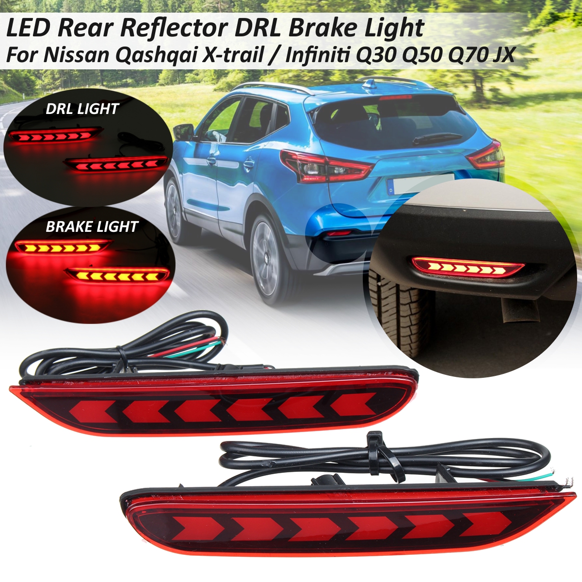Pair-LED-Rear-Bumper-Reflector-DRL-Brake-Lights-Red-Lens-For-Nissan-Qashqai-X-trail-for-Infiniti-Q30-1632114
