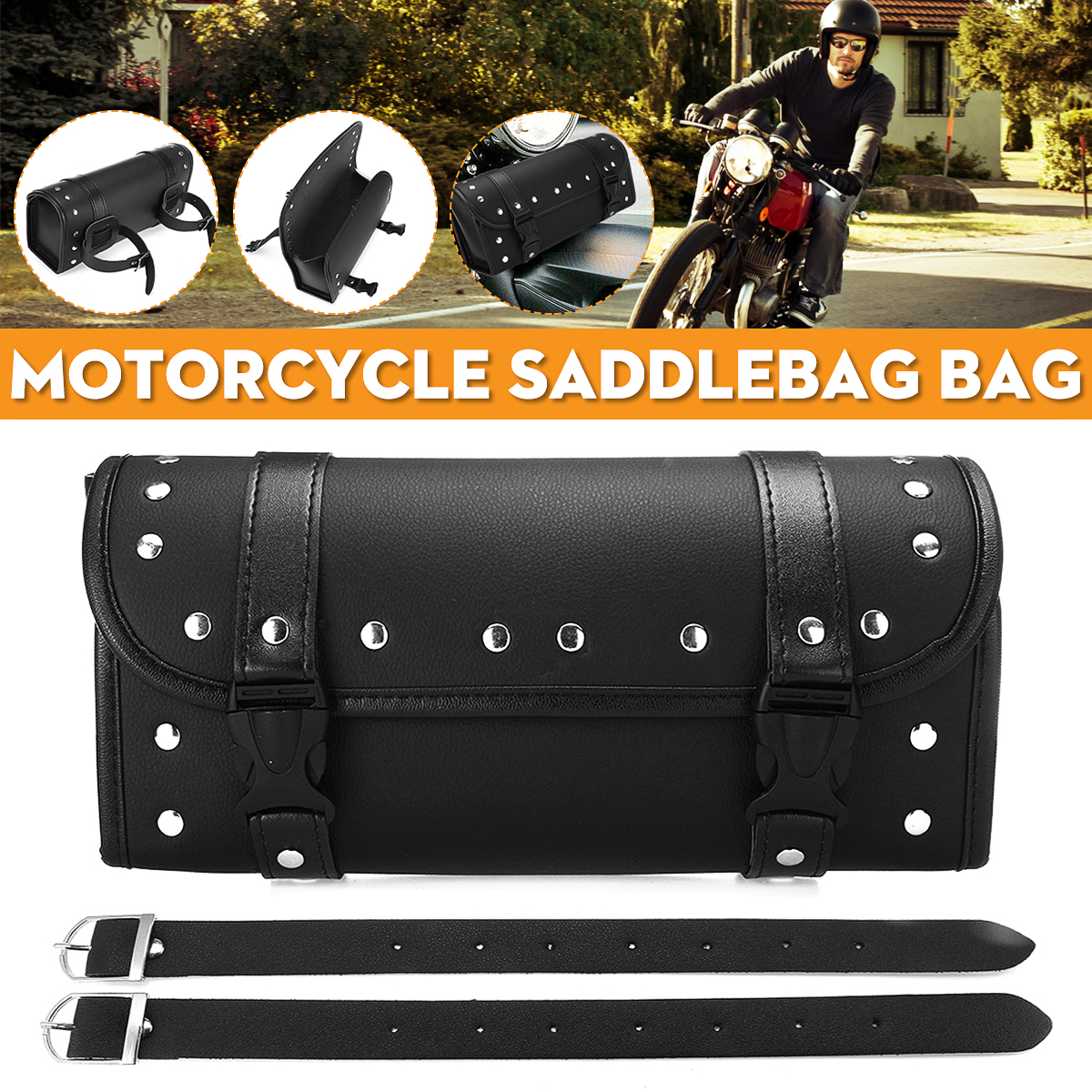Motorcycle-Front-Fork-Tool-Bag-Pouch-Luggage-SaddleBag-Black-Leather-Universal-For-Touring-1637519