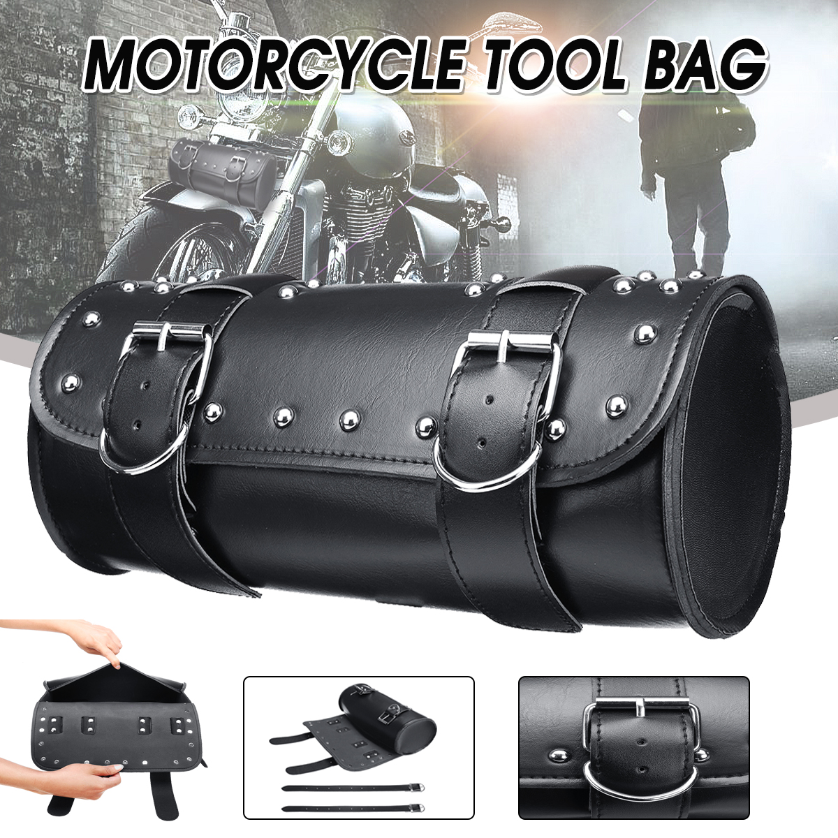 Motorcycle-Front-Fork-Tool-Bag-Saddlebags-Cruiser-PU-Leather-Universal-Black-1022957