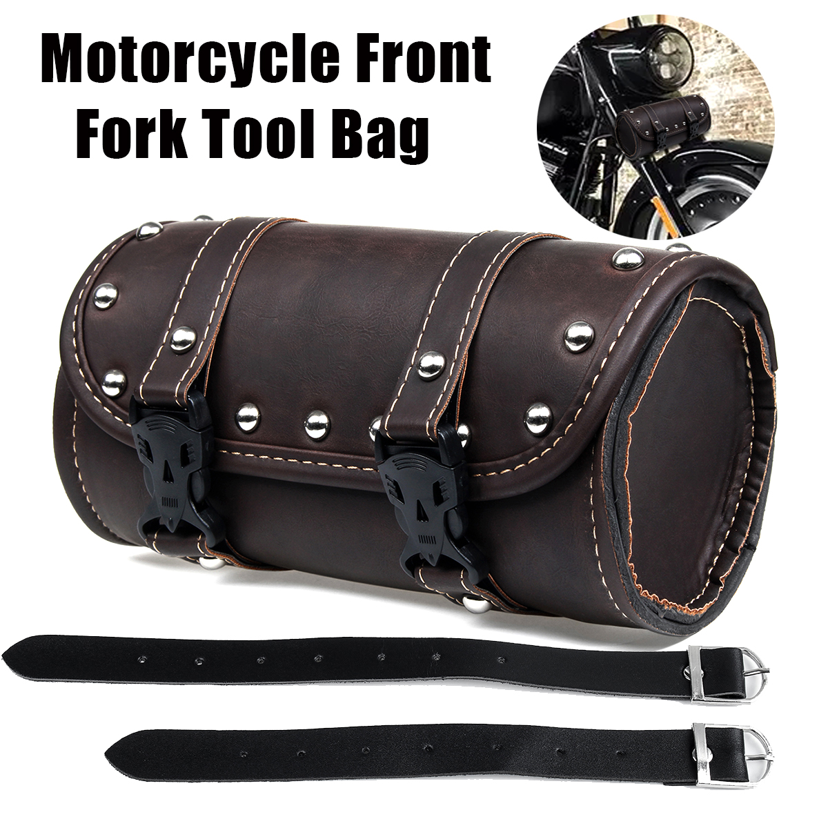 Motorcycle-Front-Fork-Tool-Saddle-Bag-Pouch-Saddlebags-Luggage-Leather-Barrel-Dark-Brown-1576704