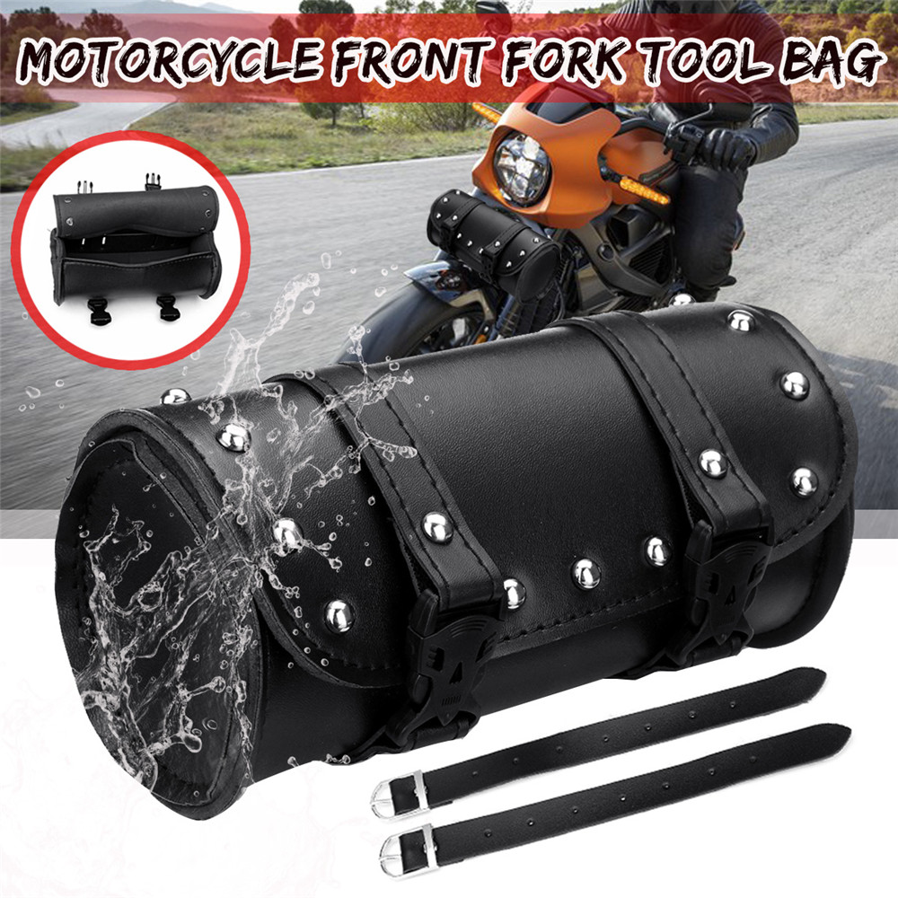 Motorcycle-Front-Fork-Tool-Saddlebags-Pouch-Luggage-Black-Leather-For-Harley-1463112