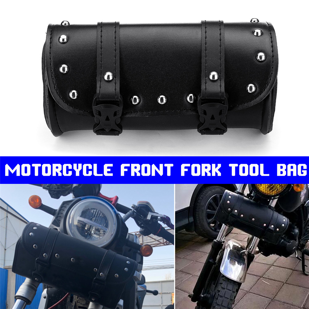 Motorcycle-Front-Fork-Tool-Saddlebags-Pouch-Luggage-Black-Leather-For-Harley-1463112