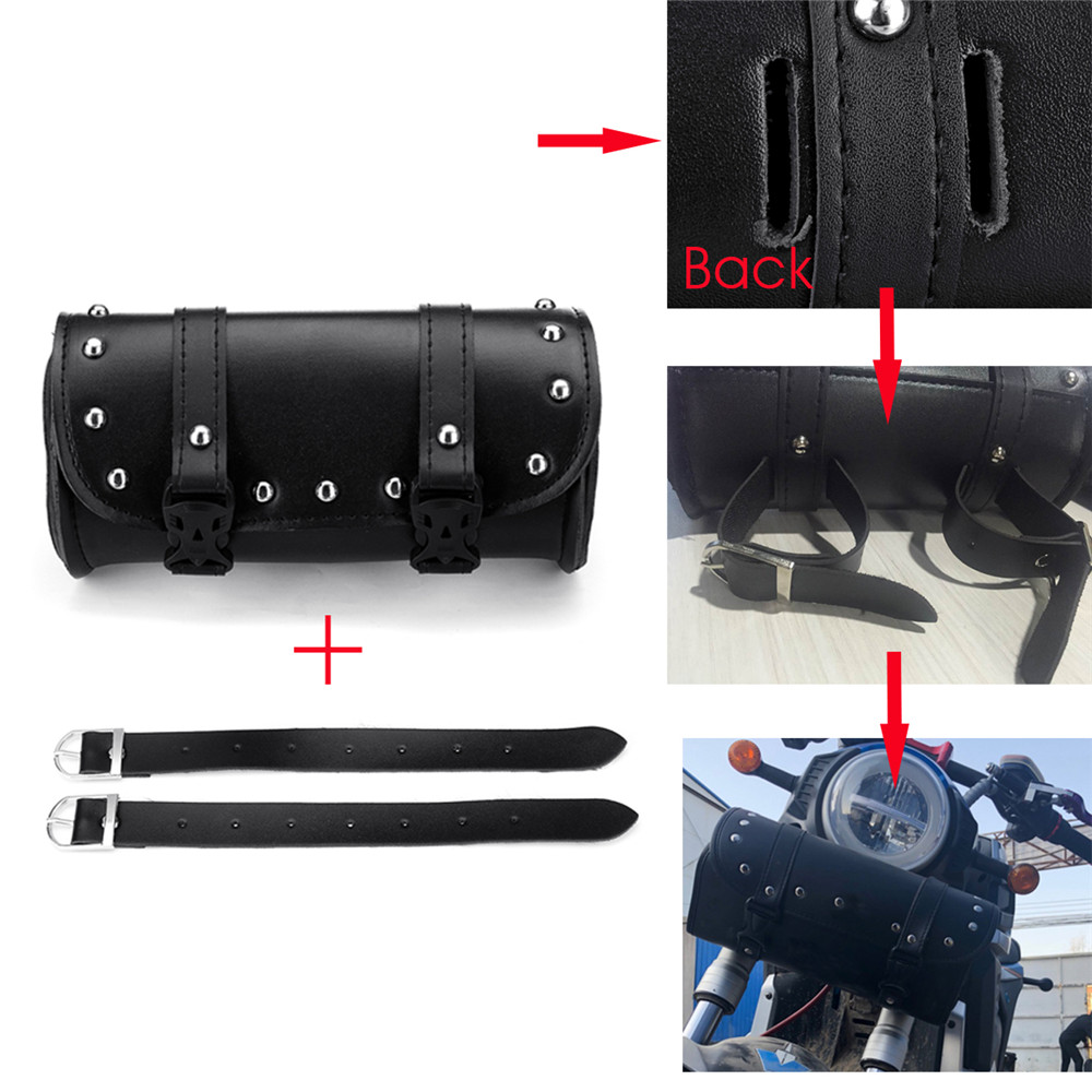 Motorcycle-Front-Fork-Tool-Saddlebags-Pouch-Luggage-Black-Leather-For-Harley-1463112