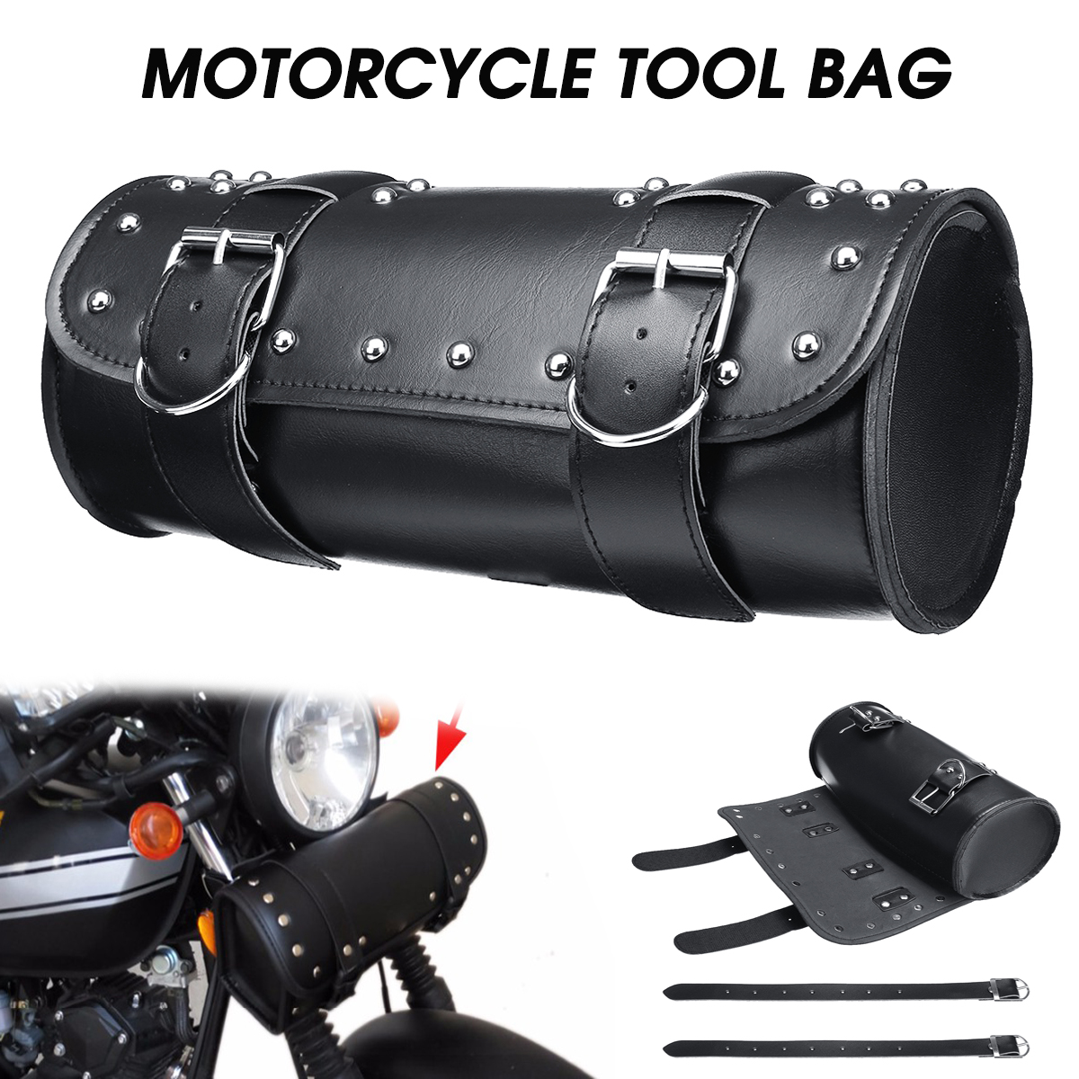 Motorcycle-PU-Leather-Black-Tool-Bag-Front-Fork-Handlebar-Saddlebags-Roll-Barrel-Style-1513808