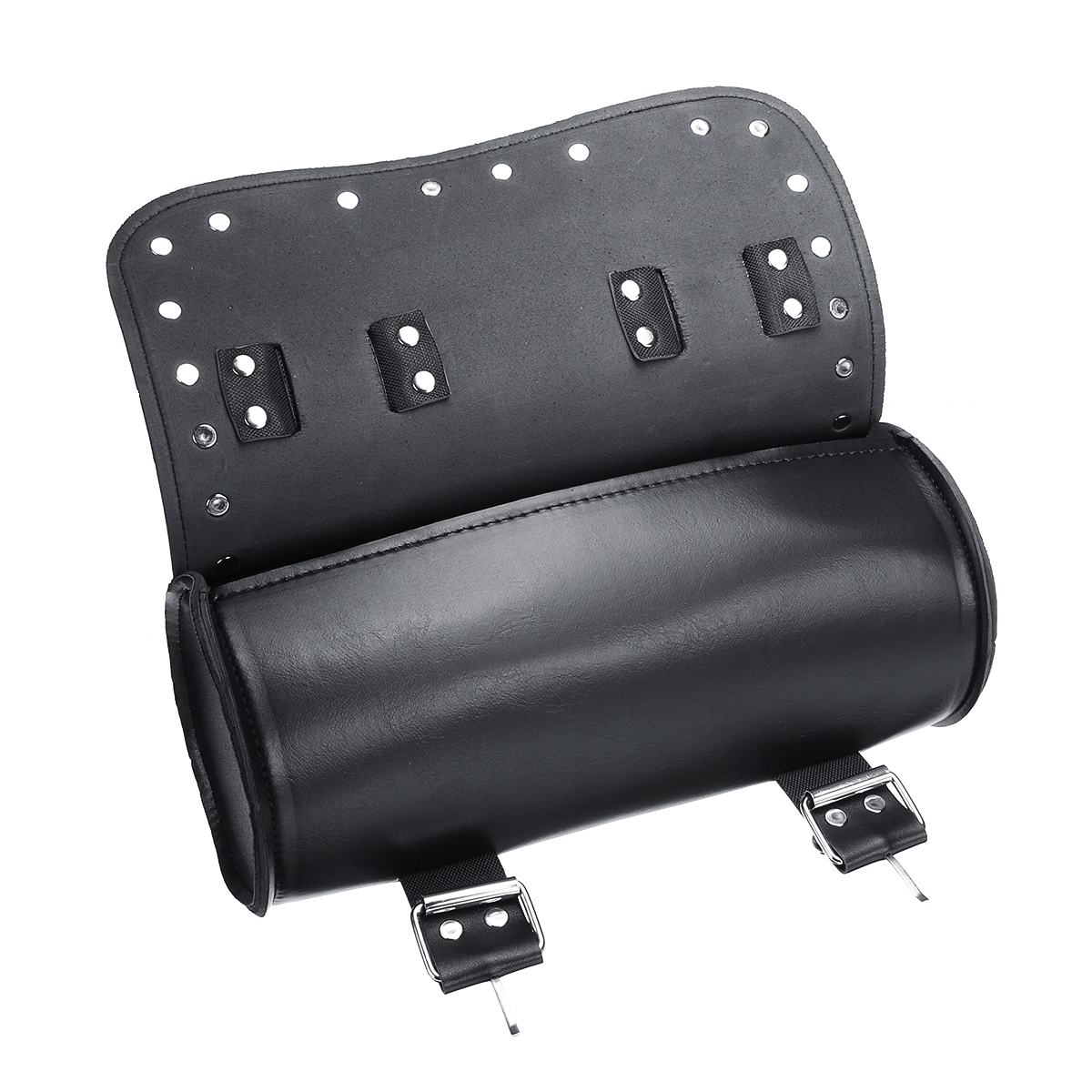 Motorcycle-PU-Leather-Black-Tool-Bag-Front-Fork-Handlebar-Saddlebags-Roll-Barrel-Style-1513808