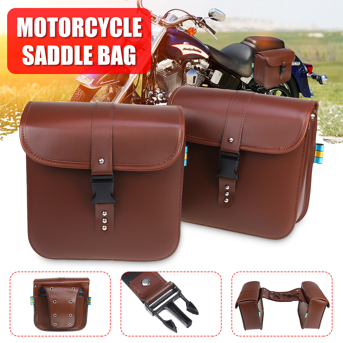 Motorcycle-Saddlebags-Bags-Bike-Side-Storage-Fork-Tool-Pouch-Universal-Brown-1593002