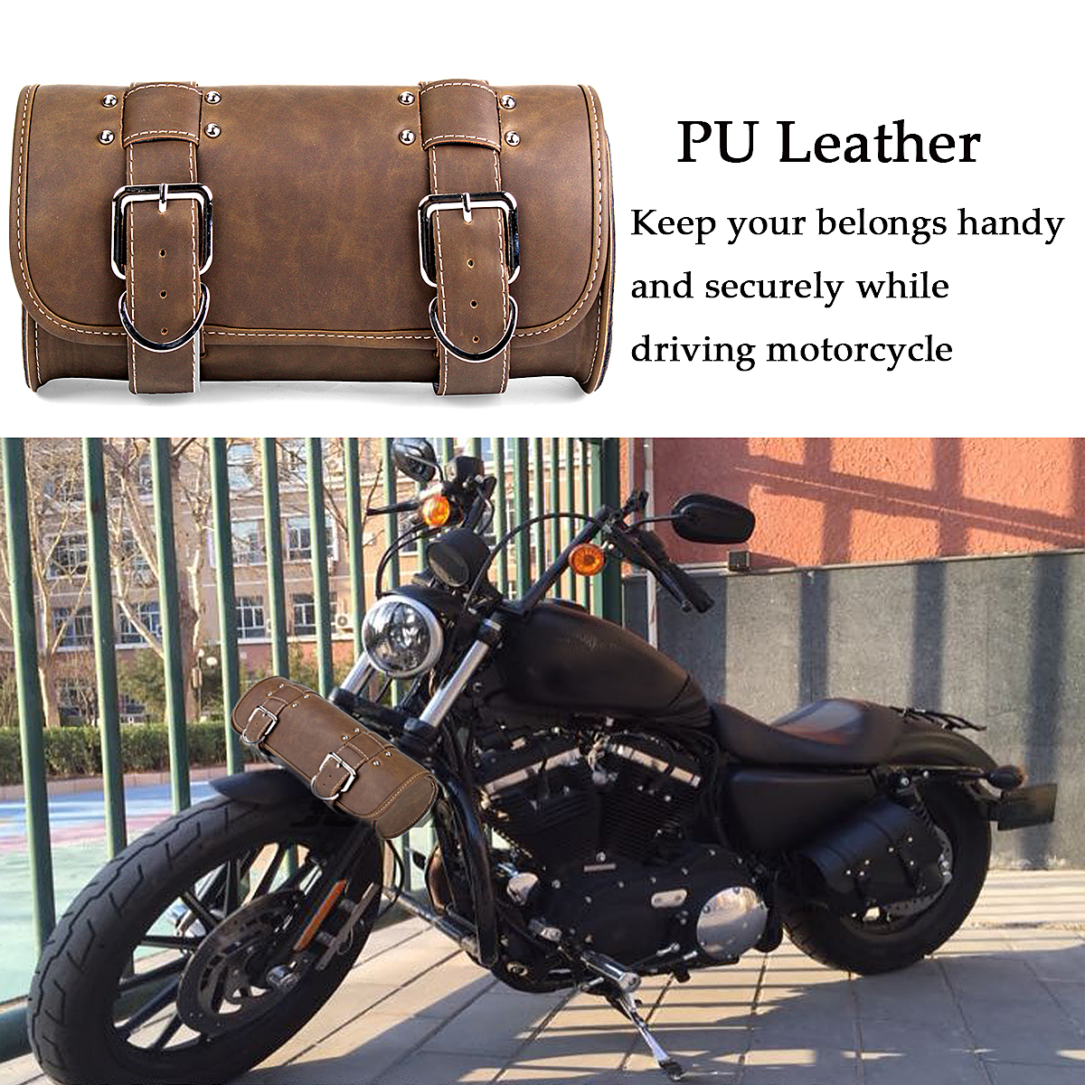 Motorcycle-Tool-Brown-Bag-Luggage-Saddlebag-Roll-Barrel-Storage-For-Harley-Sportster-1311623