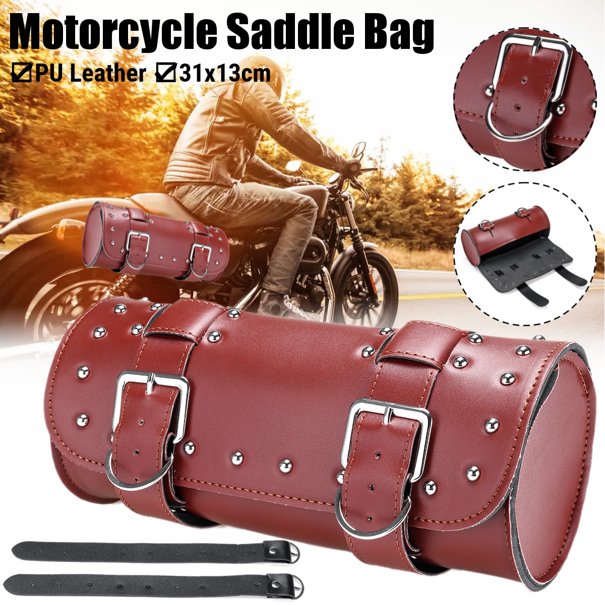 Motorcycle-Tool-Side-Bag-Luggage-Saddlebag-Brown-PU-Leather-31x13cm-1682365
