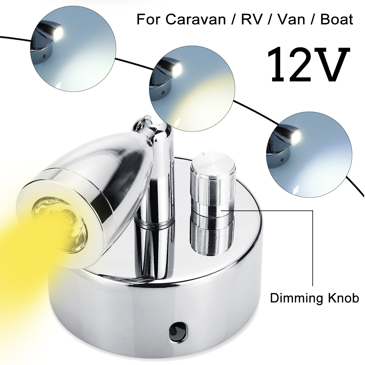 Chrome-LED-Spot-Reading-Lights-with-Dimming-Switch-Knob-12V-1W-for-for-CaravanRV-Camper-Van-Boat-1468849