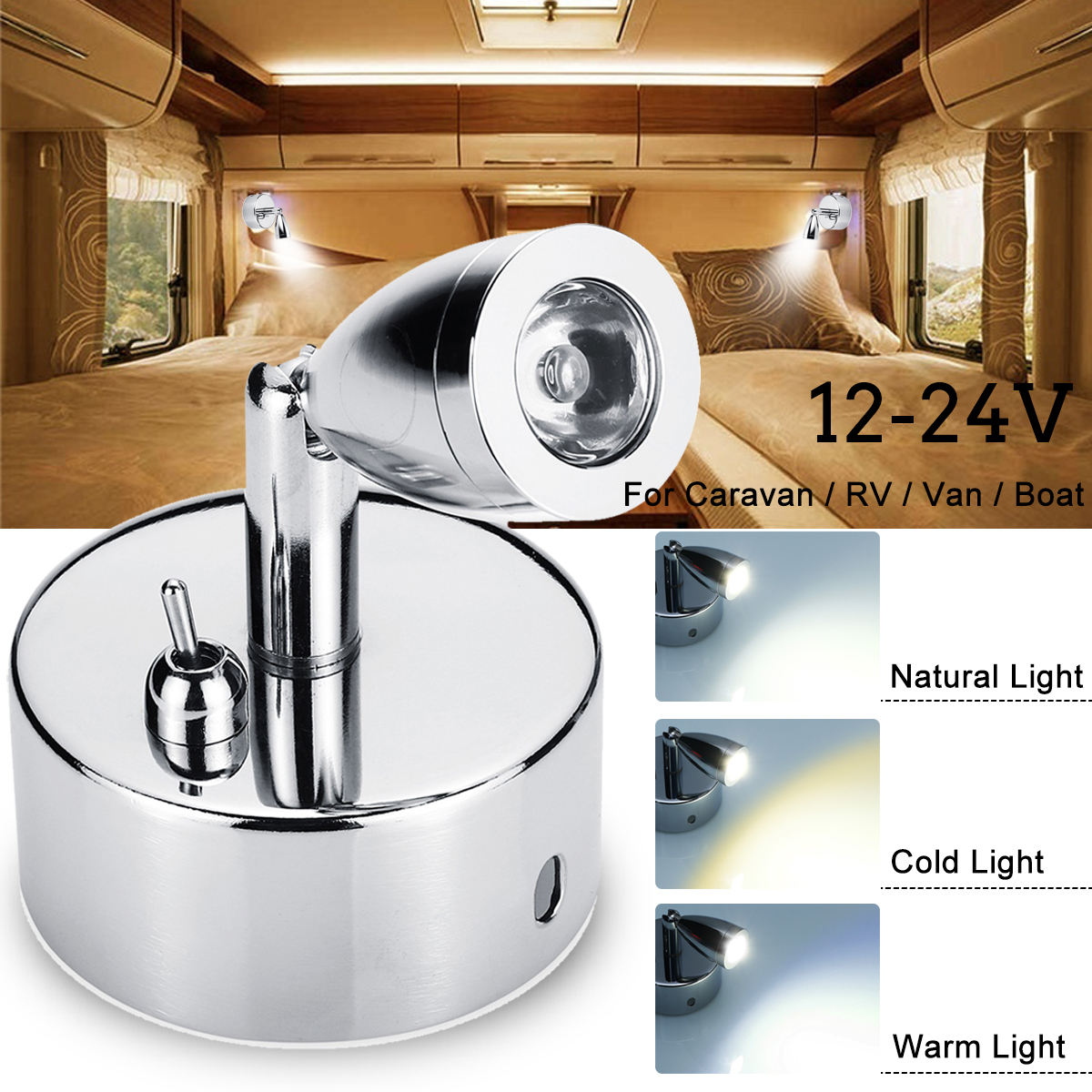 Chrome-LED-Spot-Reading-Lights-with-Toggle-Switch-12-24V-1W-for-for-CaravanRV-Camper-Van-Boat-1468905
