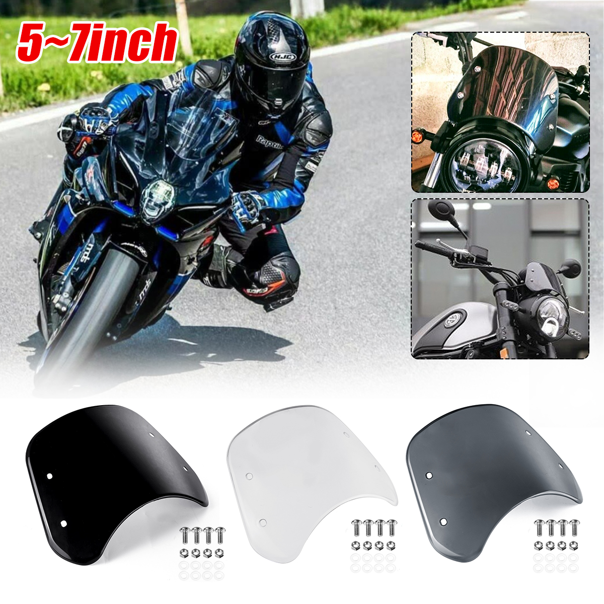 Motorcycle-Windshield-Wind-Deflector-57quot-Headlight-Windscreen-For-Honda-Yamaha-1766565